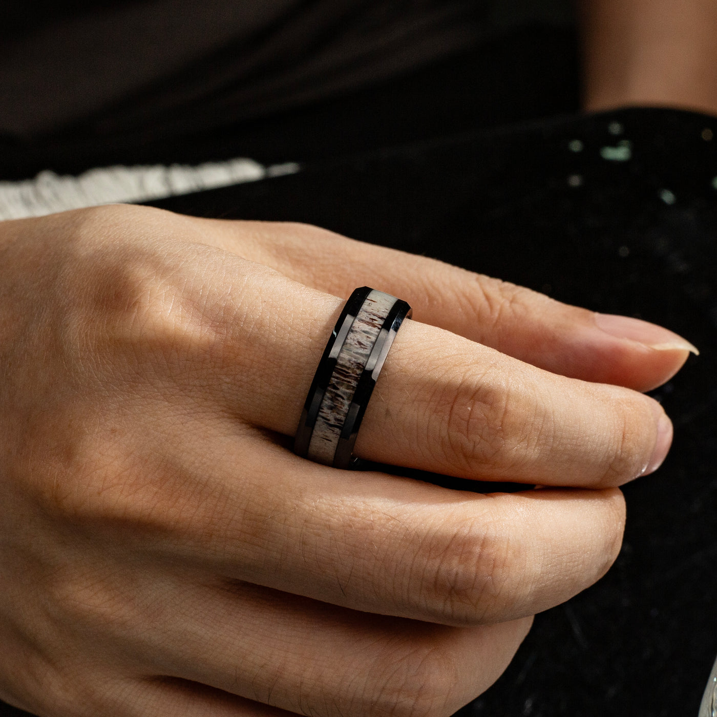 Deer Antler and Black Ceramic Ring