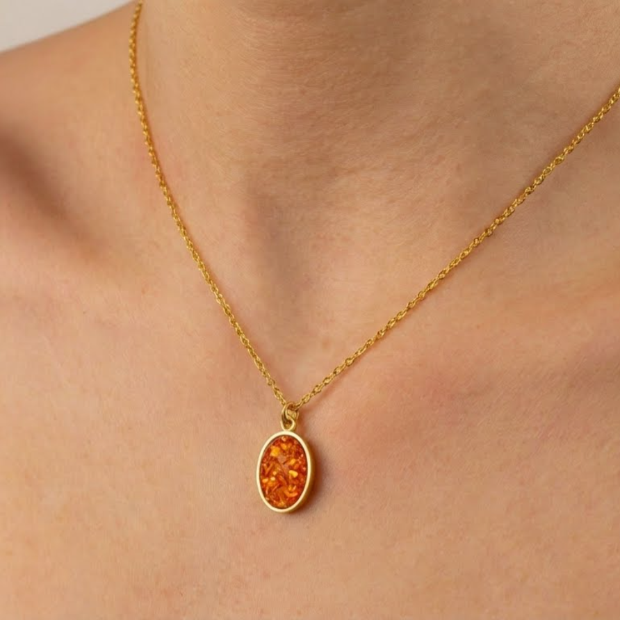 Orange Fire Opal Glowstone Oval Pendant Necklace