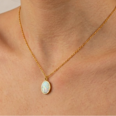 Pearl White Opal Glowstone Oval Pendant Necklace