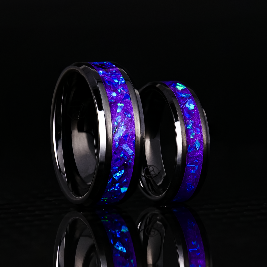 Matching Lavender Opal Glowstone Wedding Ring Set on Black Matching Lavender Opal Glowstone Wedding Ring Set on Black