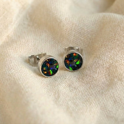 Round Black Fire Opal Glowstone Earrings