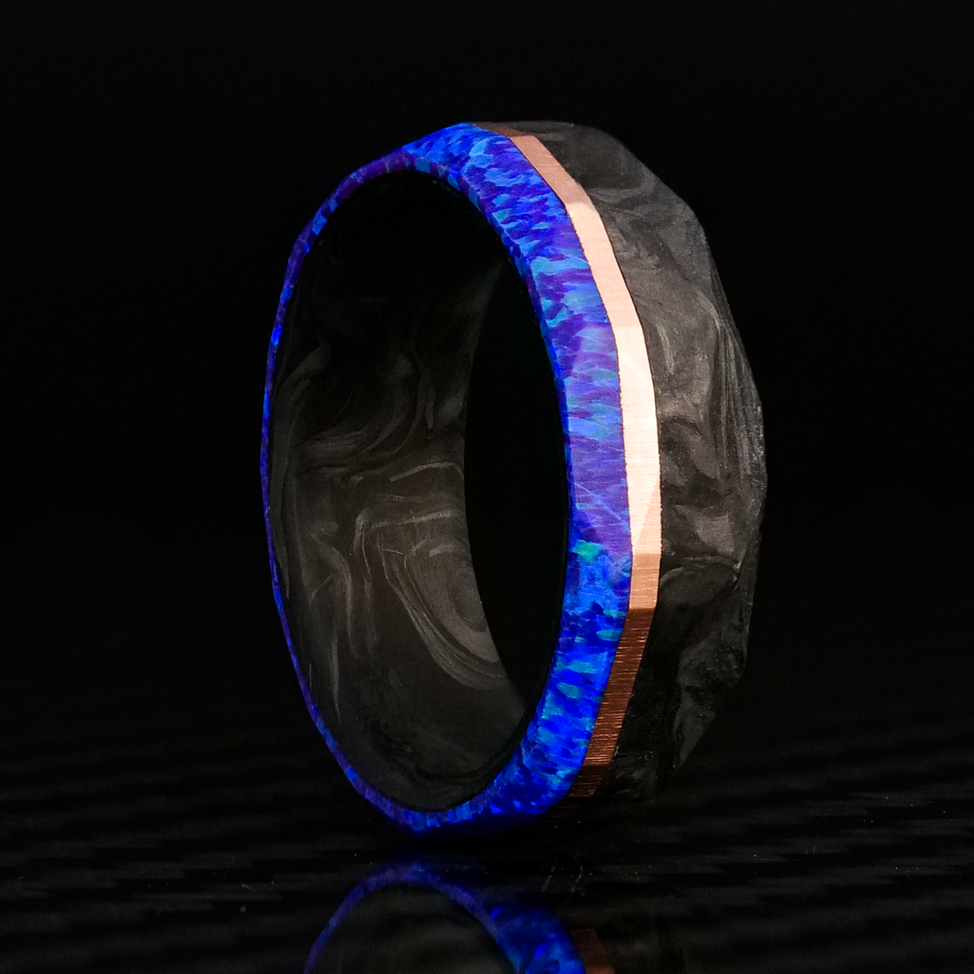 Faceted Forged Carbon Fiber, Gold, and Opal Ring