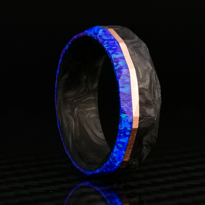 Faceted Forged Carbon Fiber, Gold, and Opal Ring