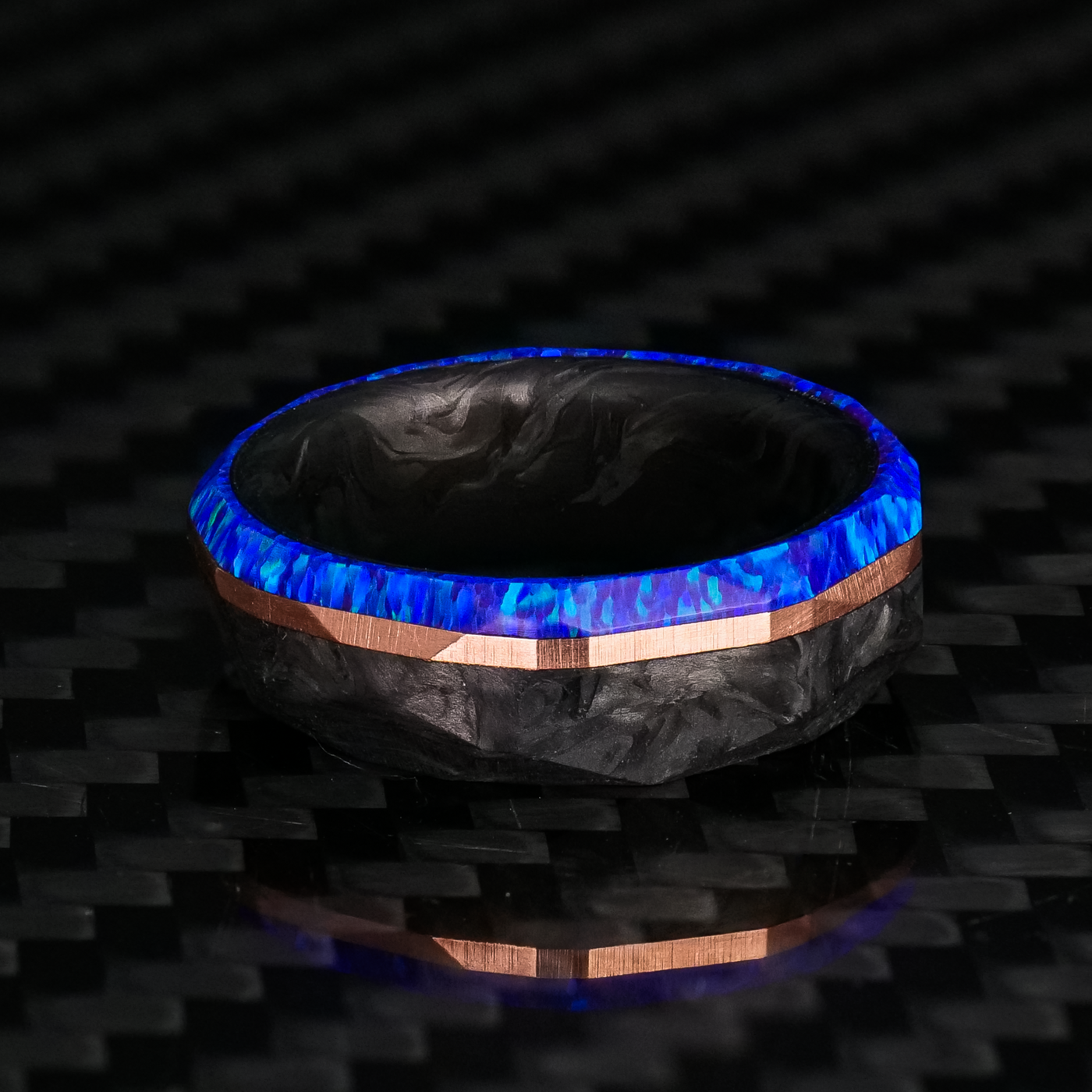 Faceted Forged Carbon Fiber, Gold, and Opal Ring