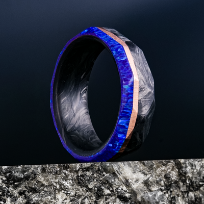 Faceted Forged Carbon Fiber, Gold, and Opal Ring