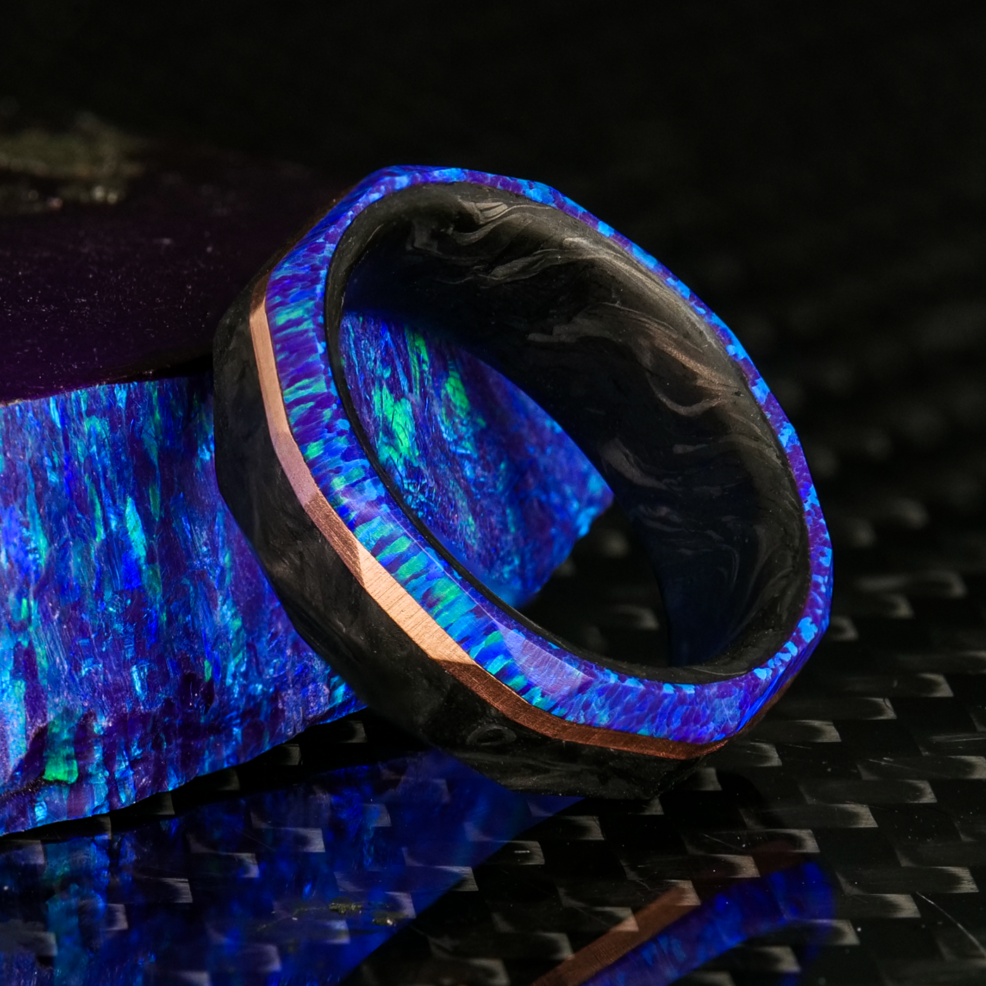 Faceted Forged Carbon Fiber, Gold, and Opal Ring