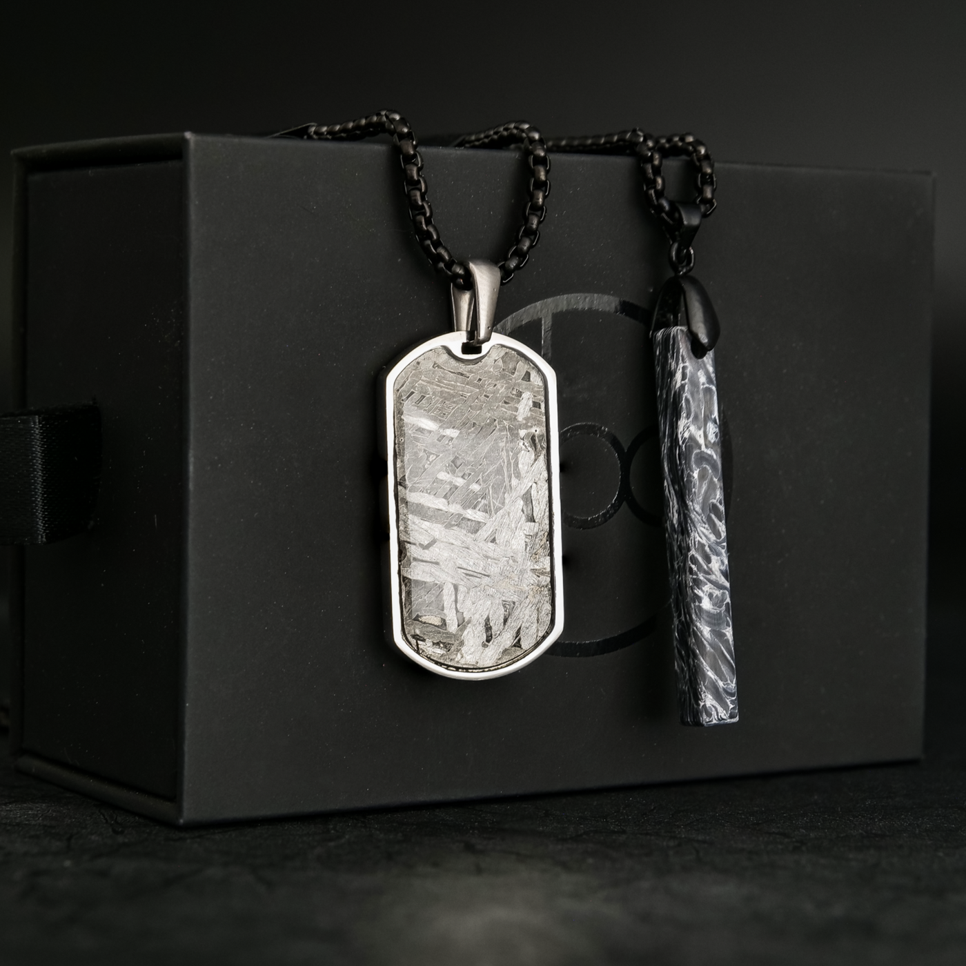 Meteorite Dog Tag and Polar Burl Carbon Fiber Bar Pendant Bundle