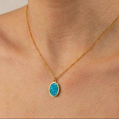 Bahama Blue Opal Glowstone Oval Pendant Necklace