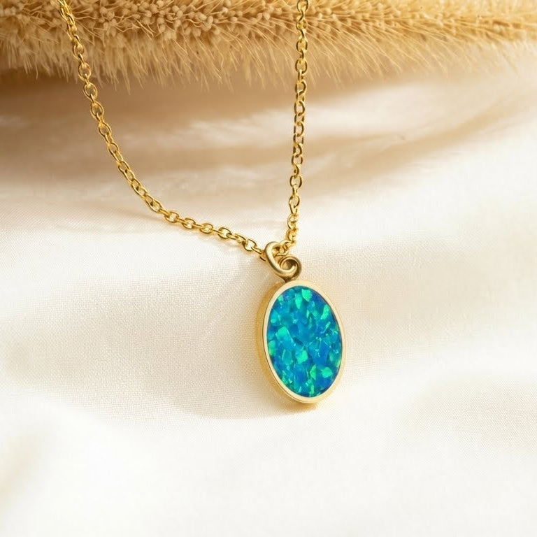 Bahama Blue Opal Glowstone Oval Pendant Necklace
