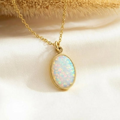 Pearl White Opal Glowstone Oval Pendant Necklace