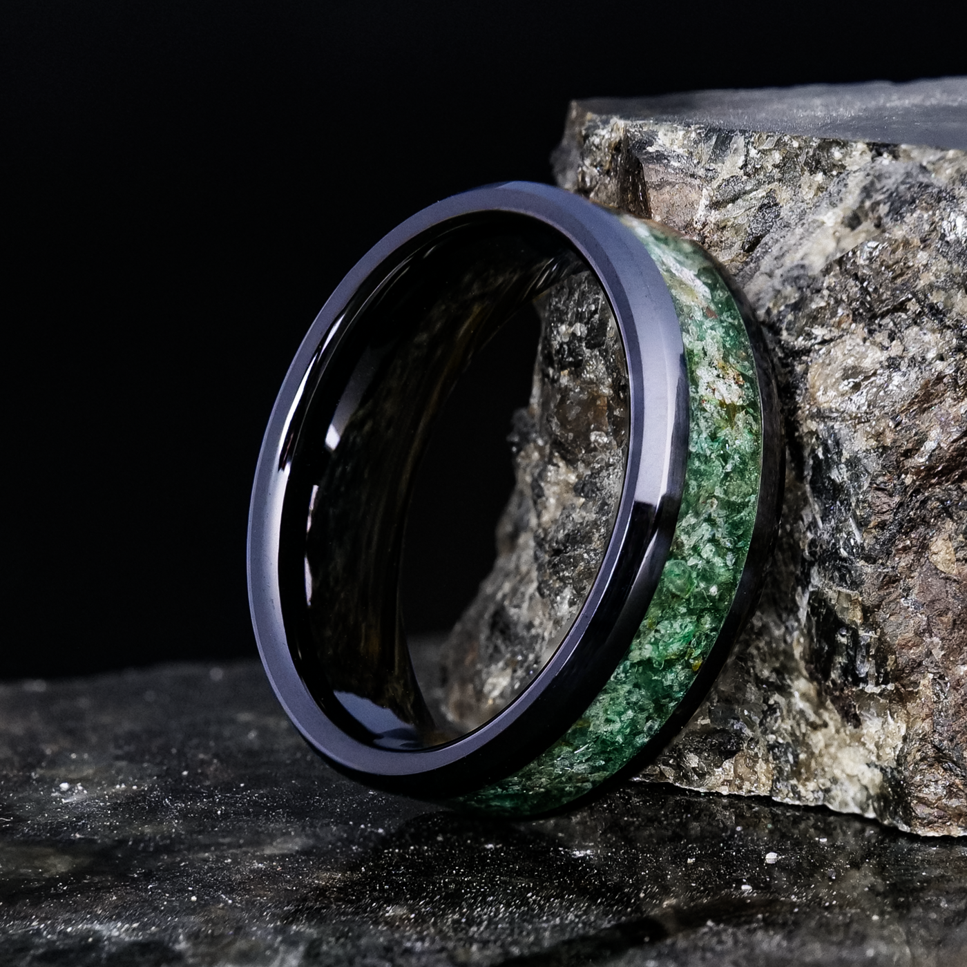 Emerald Glowstone Ring on Black Ceramic - Patrick Adair Designs