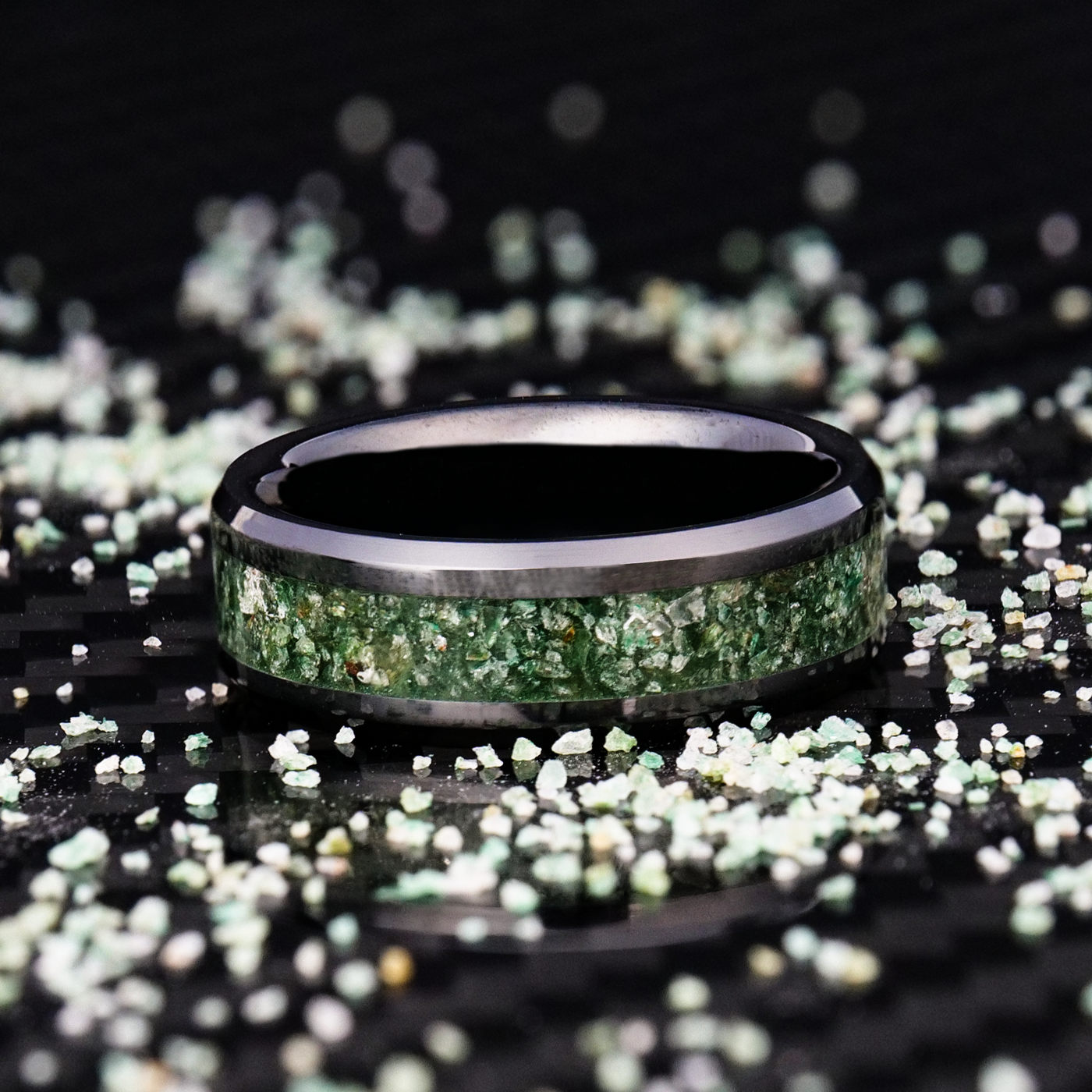 Emerald Glowstone Ring on Black Ceramic - Patrick Adair Designs
