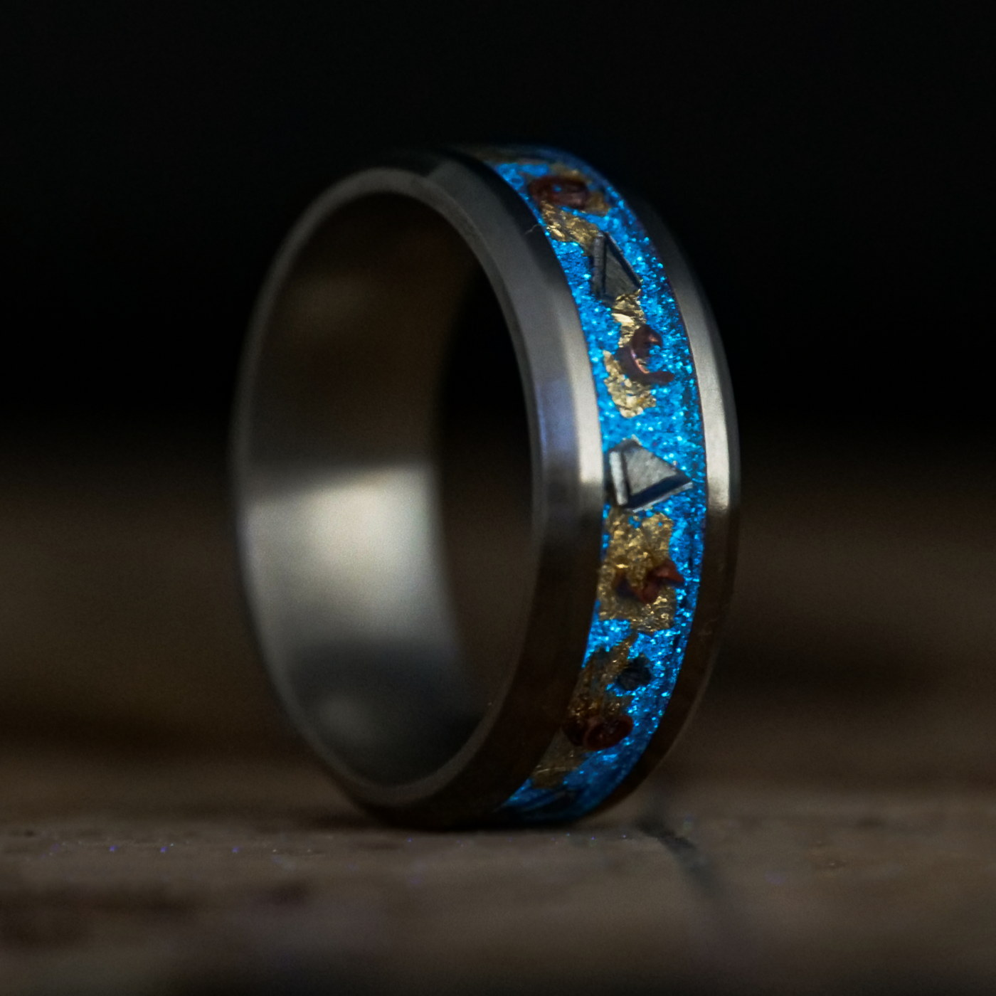Glow Stone Rings Regal Glowstone Ring on Titanium | Meteorite, Copper, and Gold Leaf ...