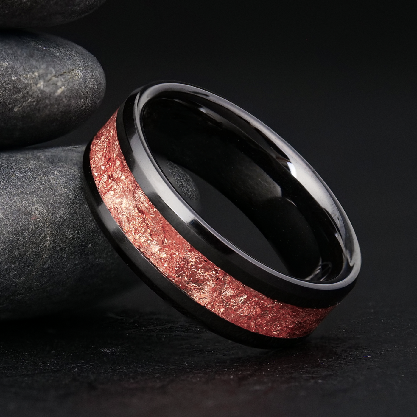 Rose Gold Leaf Ring on Black Ceramic | Full Channel