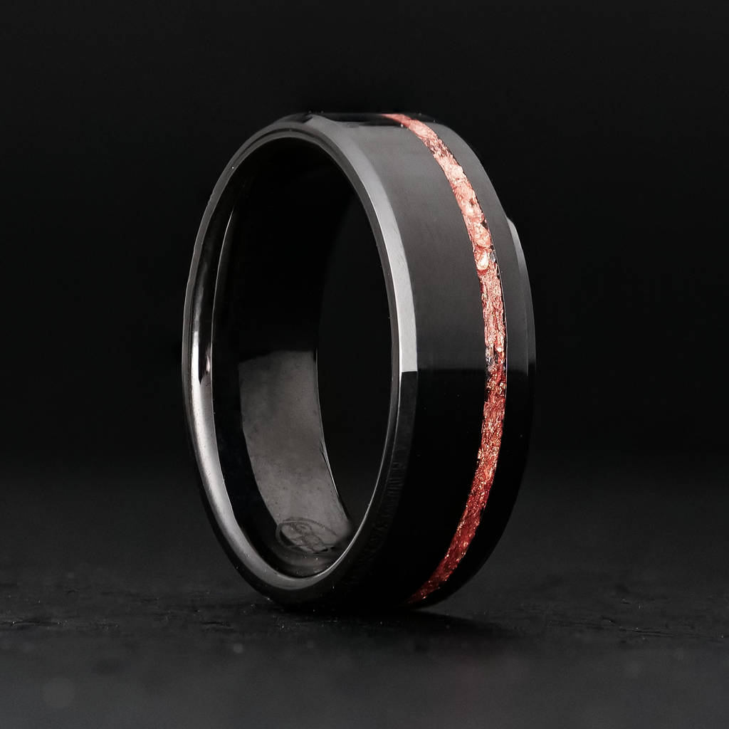 Rose Gold Leaf Ring on Black Ceramic | Offset Inlay | Patrick