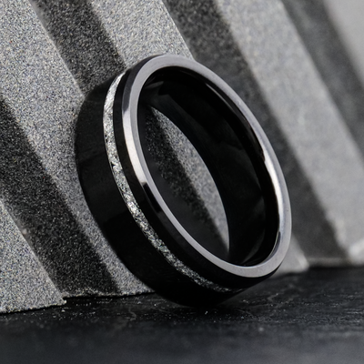 Silver Leaf Ring on Black Ceramic | Offset Inlay