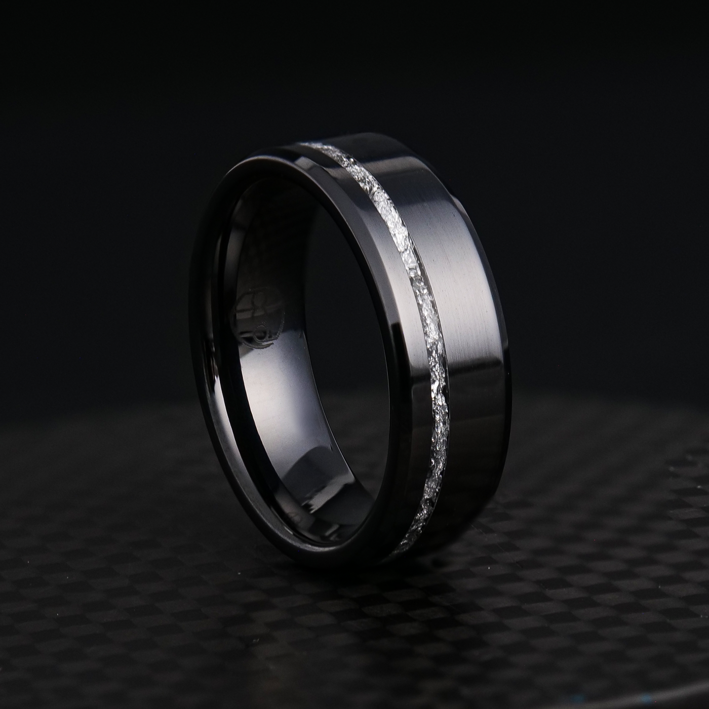 Silver Leaf Ring on Black Ceramic | Offset Inlay