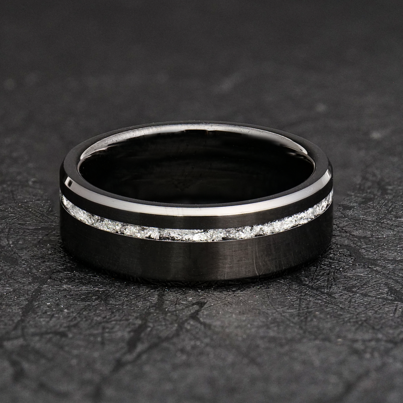 Silver Leaf Ring on Black Ceramic | Offset Inlay