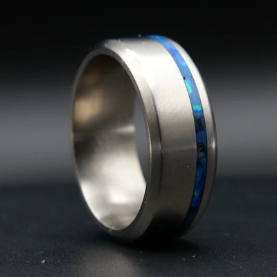 Titanium Glowstone Ring | Offset Inlay Ring with Crushed Opal - Patrick Adair Designs