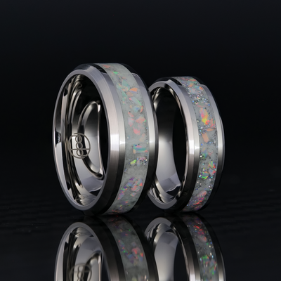 Matching Radiant Pearl Opal Glowstone Wedding Ring Set