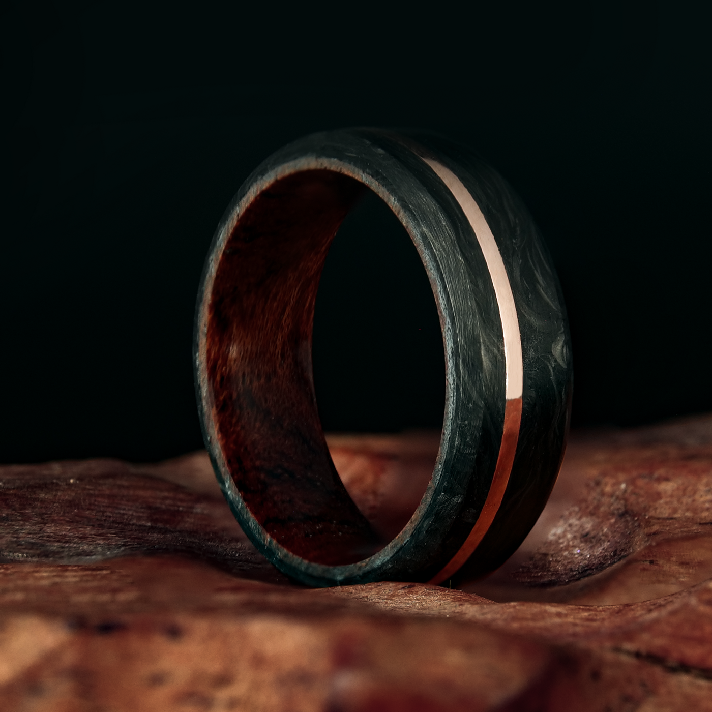 Forged Carbon Fiber and Gold Ring with Koa Wood Liner - Patrick Adair Designs