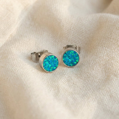 Round Bahama Blue Opal Glowstone Earrings