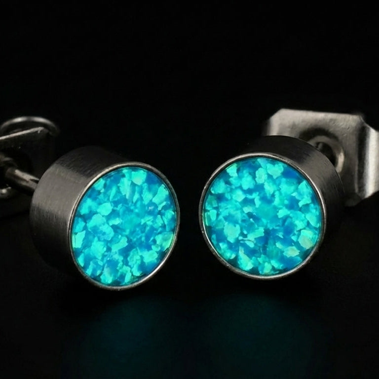 Round Bahama Blue Opal Glowstone Earrings