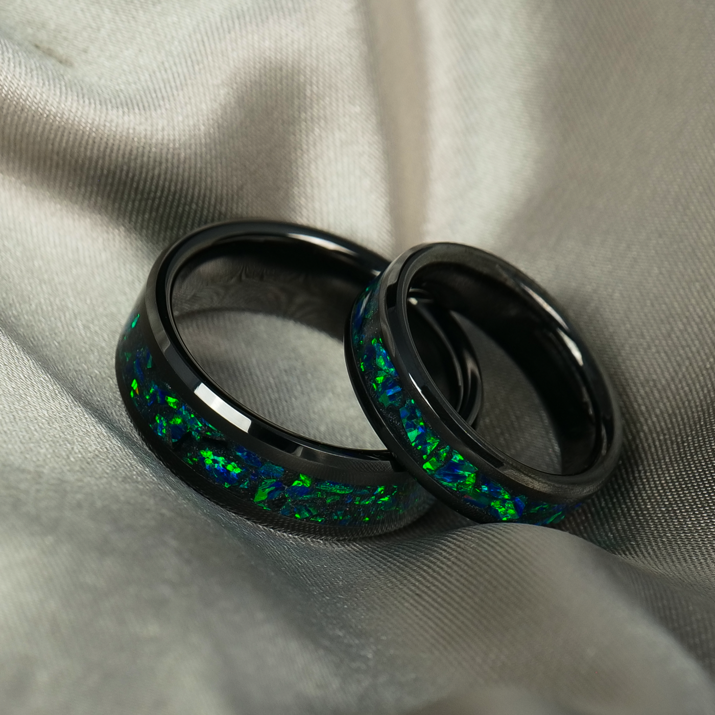 Matching Black Emerald Opal Glowstone Wedding Ring Set - Patrick Adair Designs