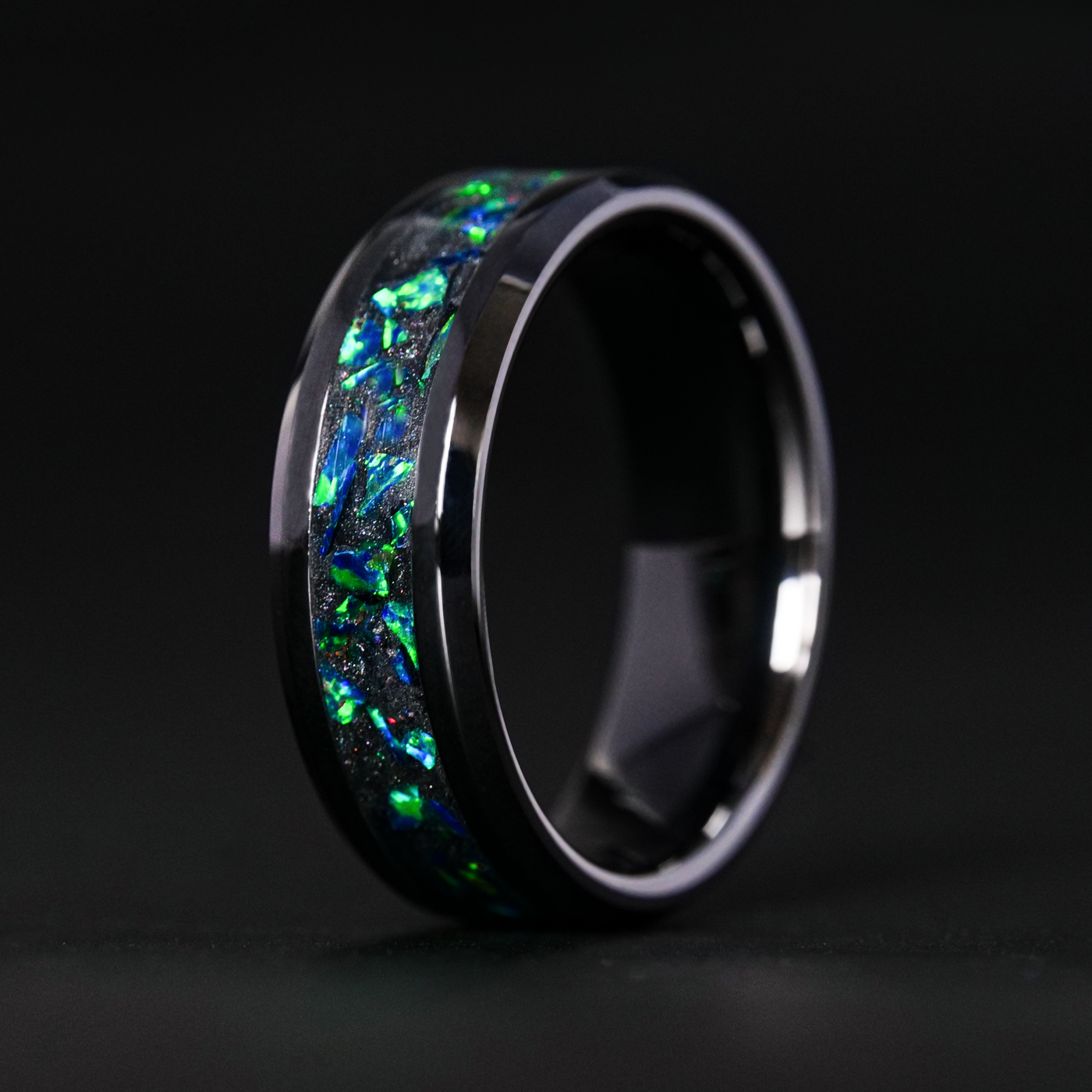 Matching Black Emerald Opal Glowstone Wedding Ring Set - Patrick Adair Designs