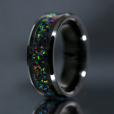Matching Black Fire Opal Glowstone Wedding Ring Set - Patrick Adair Designs