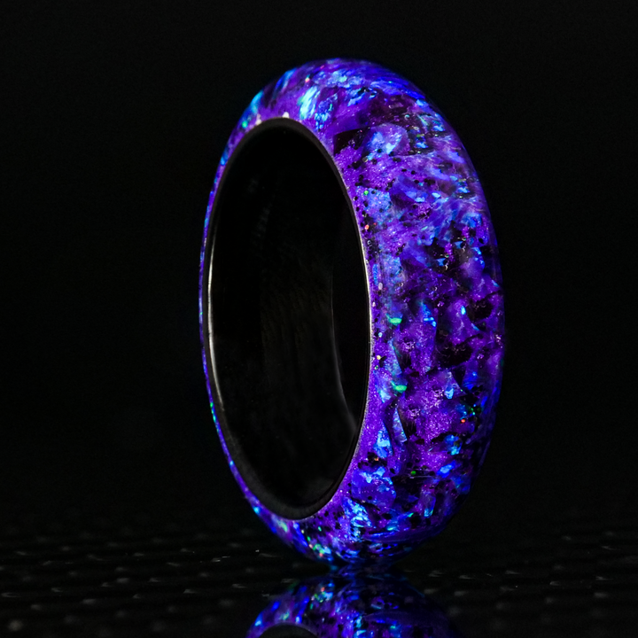 Carbon fiber double inlay channel, opal inlay glowstone ring, size 9, joker theme, top purple and green, glow in the dark, ringsbykfed, uv light