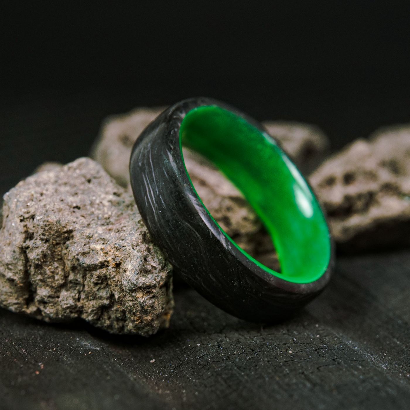 Green Glow Burl Carbon Fiber Ring with Glowing Resin Liner - Patrick Adair Designs