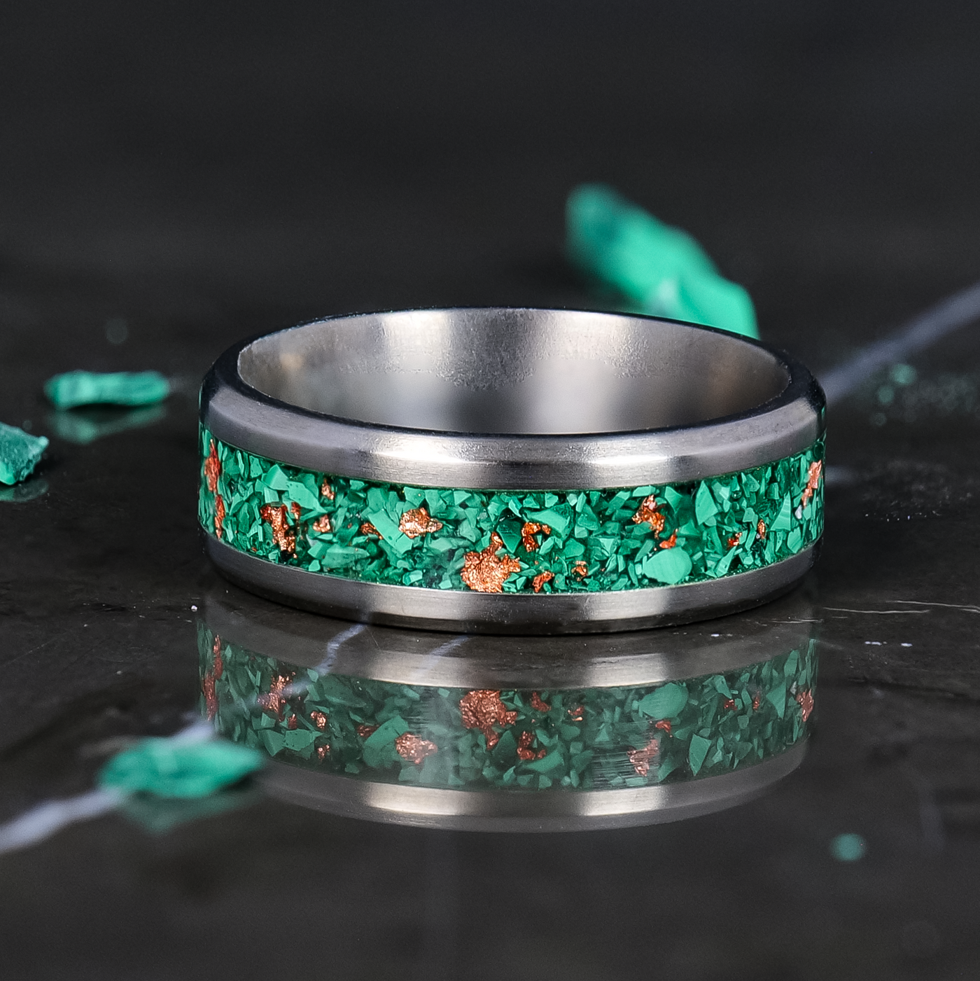 Malachite and Rose Gold Glowstone Ring on Titanium - Patrick Adair Designs