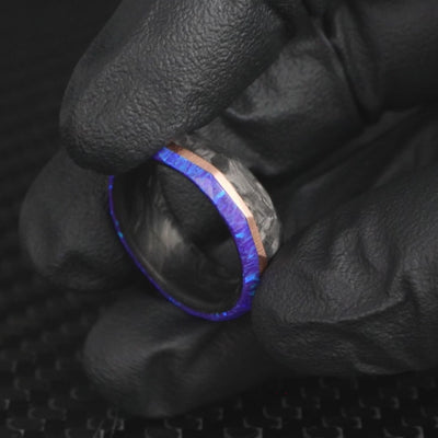 Faceted Forged Carbon Fiber, Gold, and Opal Ring