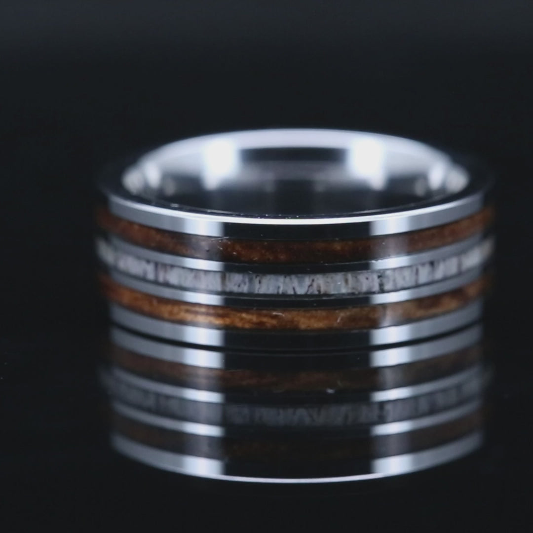 Whiskey Barrel and Deer Antler Ring on Tungsten
