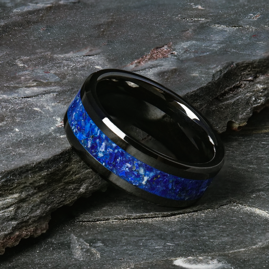 Lapis Lazuli Glowstone Ring on Black Ceramic