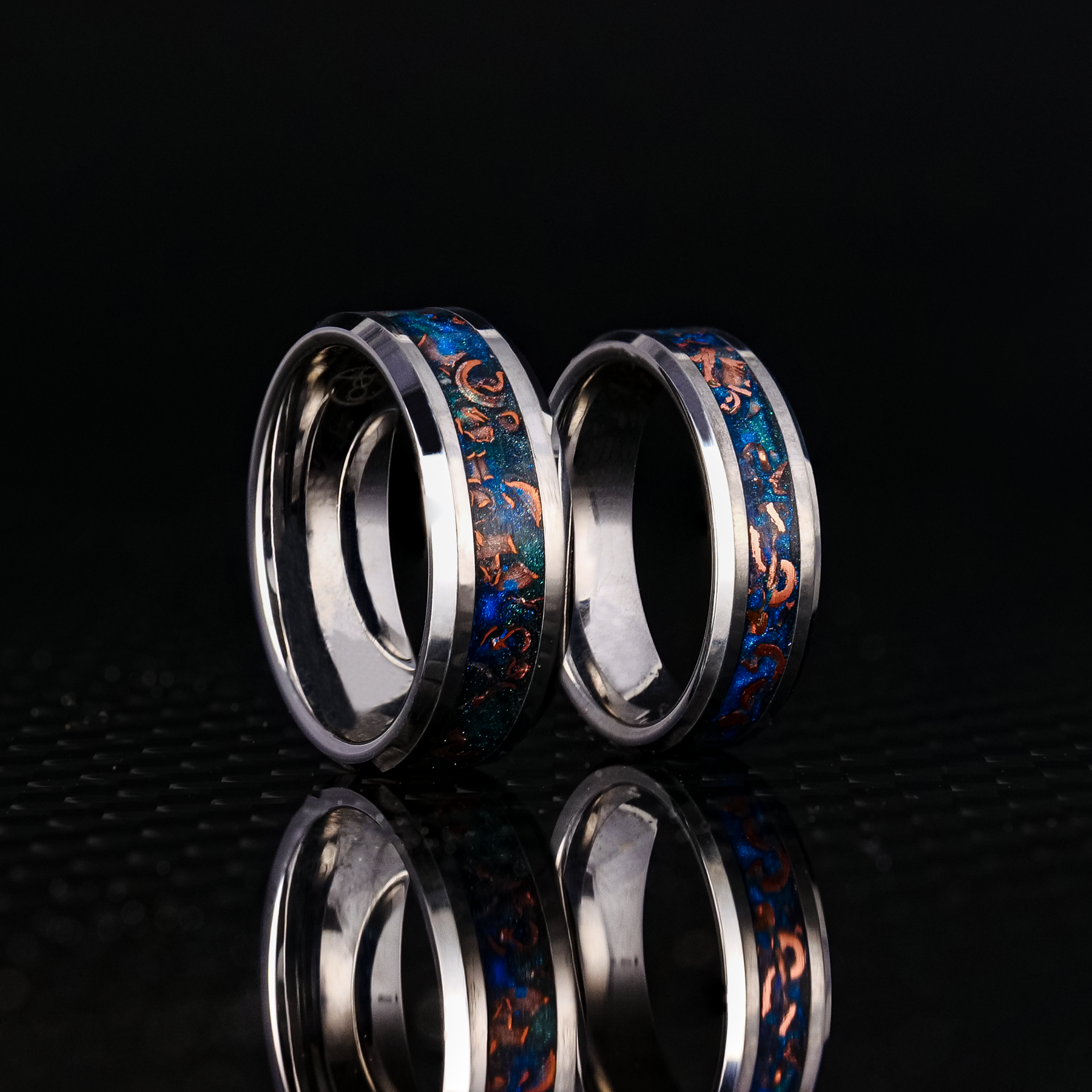 Matching Sunken Artifact Glowstone Wedding Ring Set in Tungsten | Patrick  Adair Designs