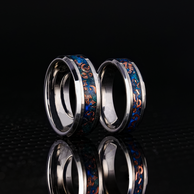 Matching Sunken Artifact Glowstone Wedding Ring Set in Tungsten - Patrick Adair Designs
