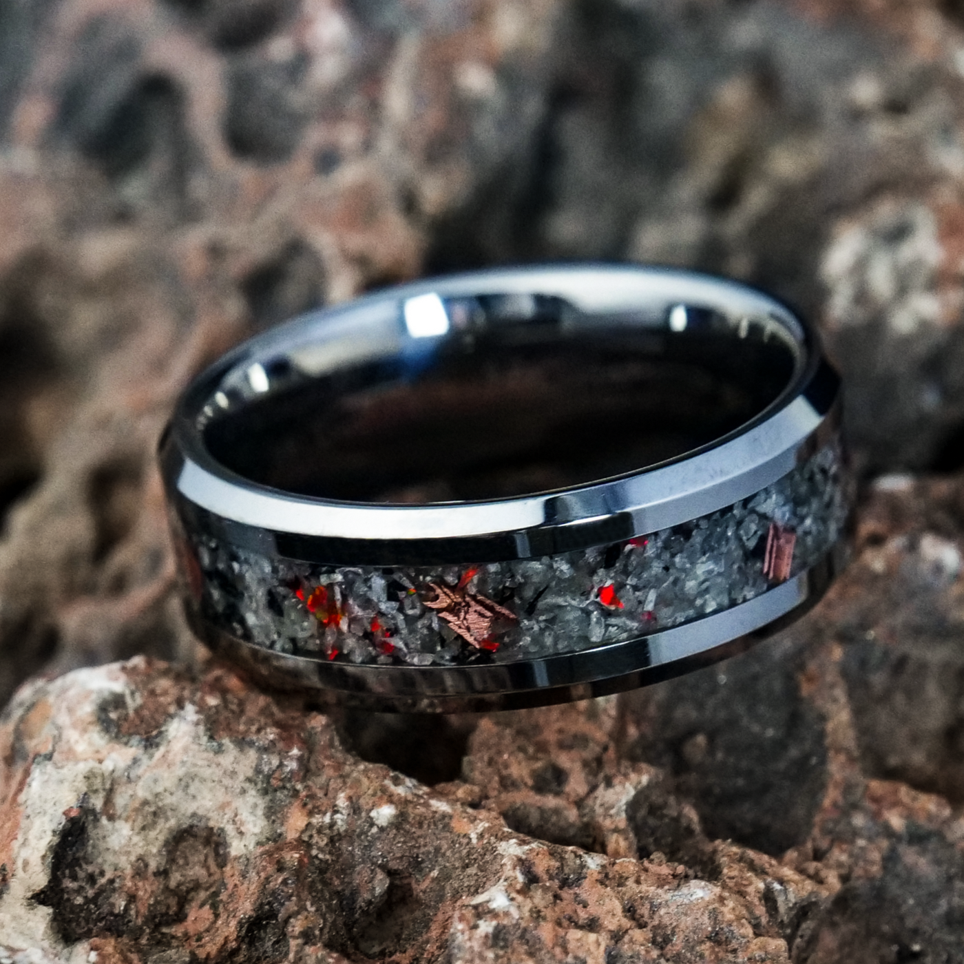 Crimson Yooperlite Glowstone Ring on Tungsten - Patrick Adair Designs