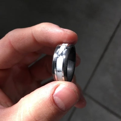 The Executive - Carbon Fiber, Sterling Silver, and Marble TruStone Ring - Patrick Adair Designs