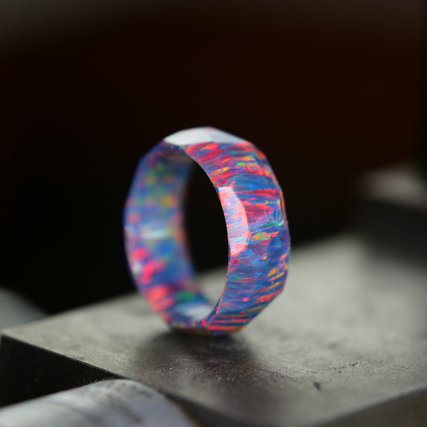 Men's wedding band made from opal.