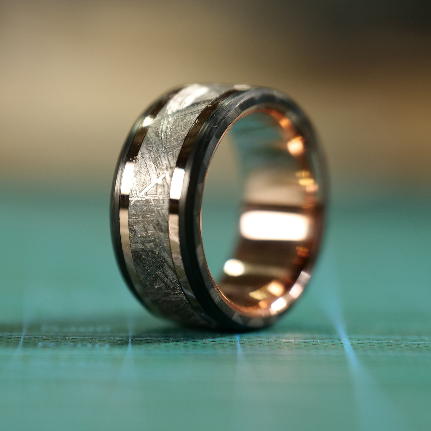 Meteorite and Carbon Fiber Ring with Rose Gold Liner - Patrick Adair Designs