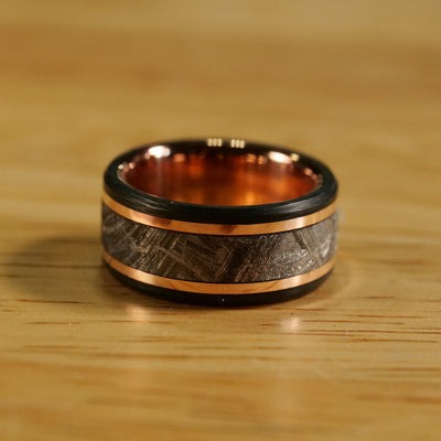 Meteorite and Carbon Fiber Ring with Rose Gold Liner - Patrick Adair Designs