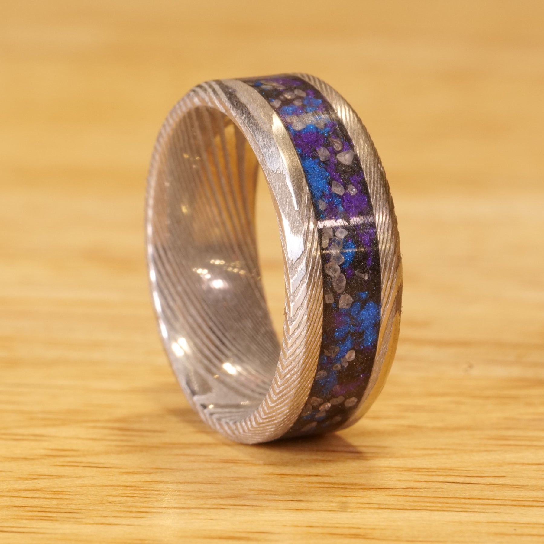Custom Handmade Damascus Steel Ring Beautiful Blue Wood Filled Ring Band