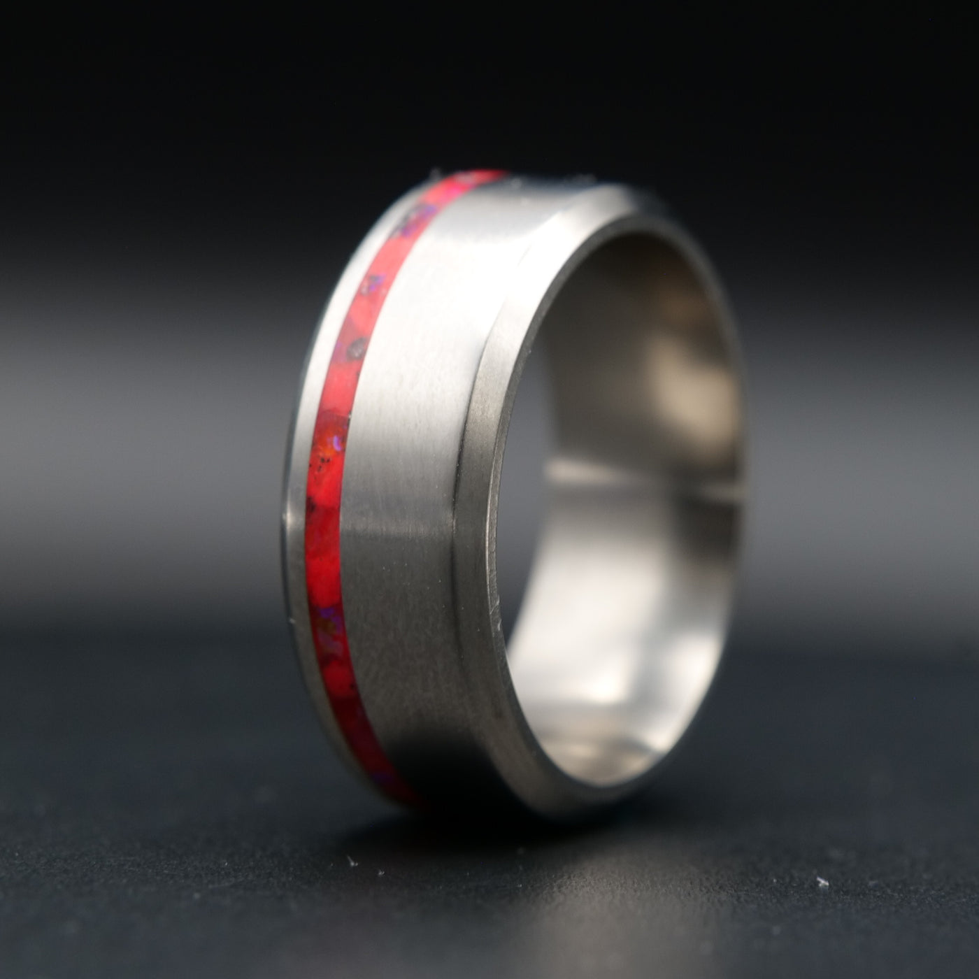 Titanium Glowstone Ring | Offset Inlay Ring with Crushed Opal - Patrick Adair Designs
