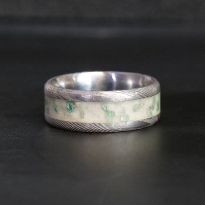 Size 9 Damascus Steel Glowstone Ring with Emerald - Patrick Adair Designs