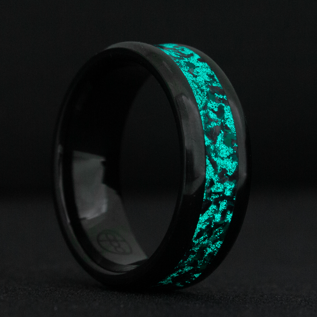 DARK FOREST, Meteorite, Emerald Opal, online Stone Inlay, Black Ceramic Glowstone Ring, Engagement Band