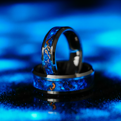 Matching Sunken Artifact Glowstone Wedding Ring Set in Tungsten - Patrick Adair Designs
