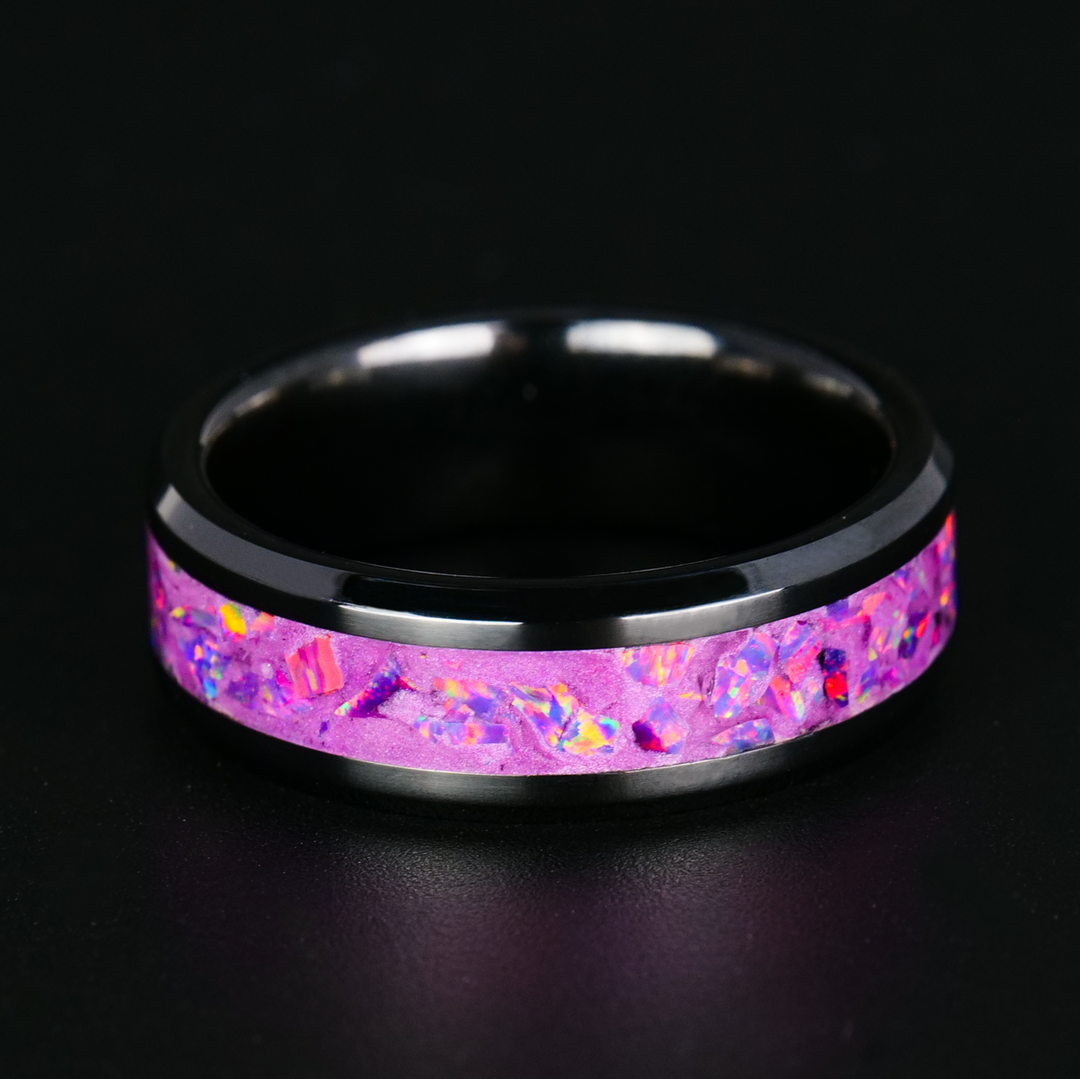 Fuchsia Opal Inlay buy Ring in Black Ceramic, Women's, Men's, Wedding, Engagement, Anniversary