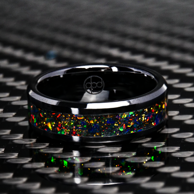 Radiant Black Fire Opal Glowstone Ring on Black Ceramic